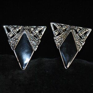 Vintage Art Deco Style Large Statement Trangle Earrings with Black Enamel